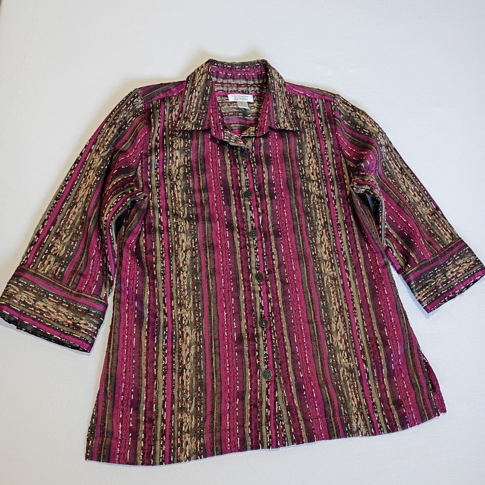 Christopher & Banks M Purple Gold Striped Crinkle Textured Button Up Artsy Boho